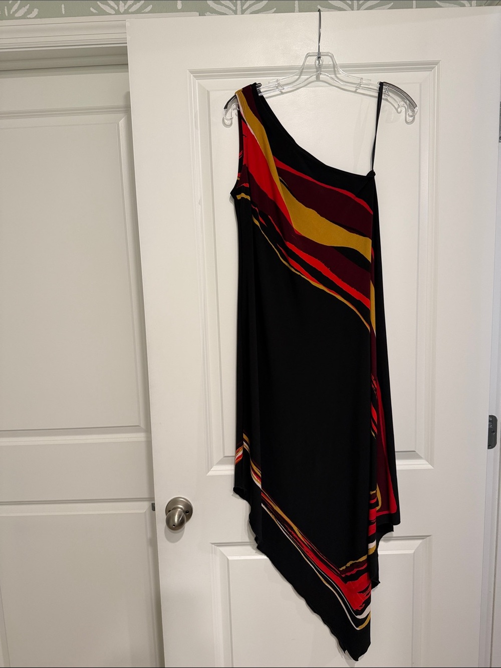 Cynthia Rowley Black Asymmetrical One-Shoulder Dress with Red and Gold Accents